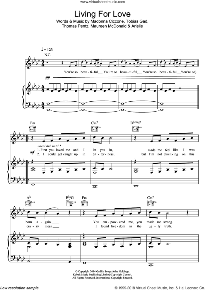 Living For Love sheet music for voice, piano or guitar by Madonna, Arielle, Maureen McDonald, Thomas Wesley Pentz and Toby Gad, intermediate skill level