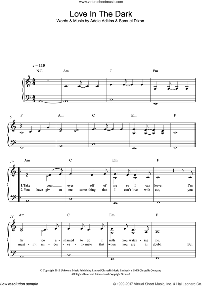 Love In The Dark sheet music for piano solo by Adele, Adele Adkins and Samuel Dixon, easy skill level