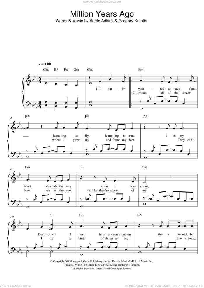 Million Years Ago sheet music for piano solo by Adele, Adele Adkins and Greg Kurstin, easy skill level