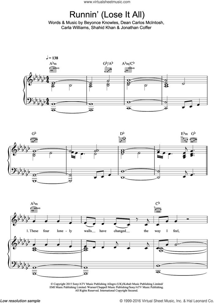 Runnin' (Lose It All) (featuring Beyonce and Arrow Benjamin) sheet music for voice, piano or guitar by Naughty Boy, Arrow Benjamin, Beyonce Knowles, Beyonce, Carla Williams, Dean Carlos McIntosh, Jonathan Coffer and Shahid Khan, intermediate skill level