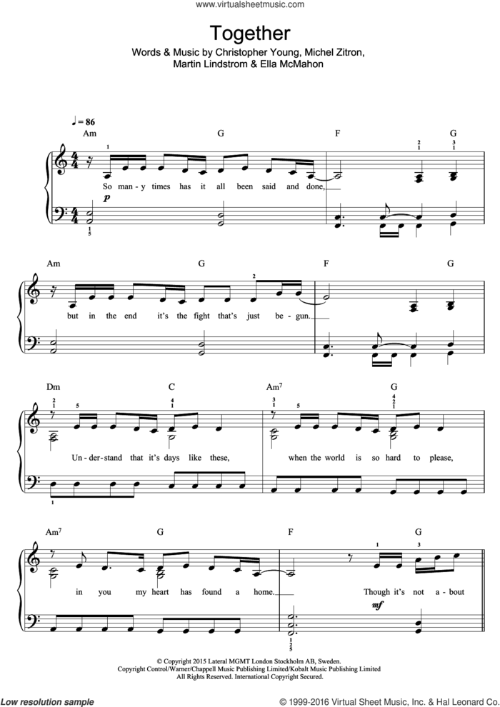 Together sheet music for piano solo (beginners) by Ella Eyre, Christopher Young, Ella McMahon, Martin Lindstrom and Michel Zitron, beginner piano (beginners)