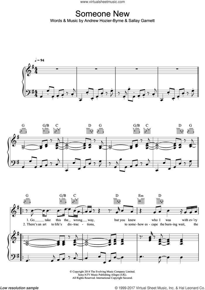 Someone New sheet music for voice, piano or guitar by Hozier, Andrew Hozier-Byrne and Sallay Garnett, intermediate skill level