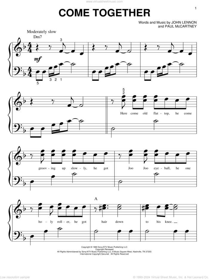 Come Together sheet music for piano solo (big note book) by The Beatles, John Lennon and Paul McCartney, easy piano (big note book)