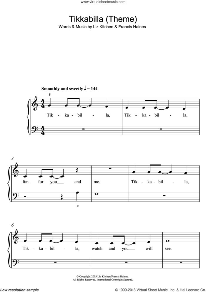 Tikkabilla (Theme) sheet music for piano solo (5-fingers) by Liz Kitchen and Francis Haines, beginner piano (5-fingers)