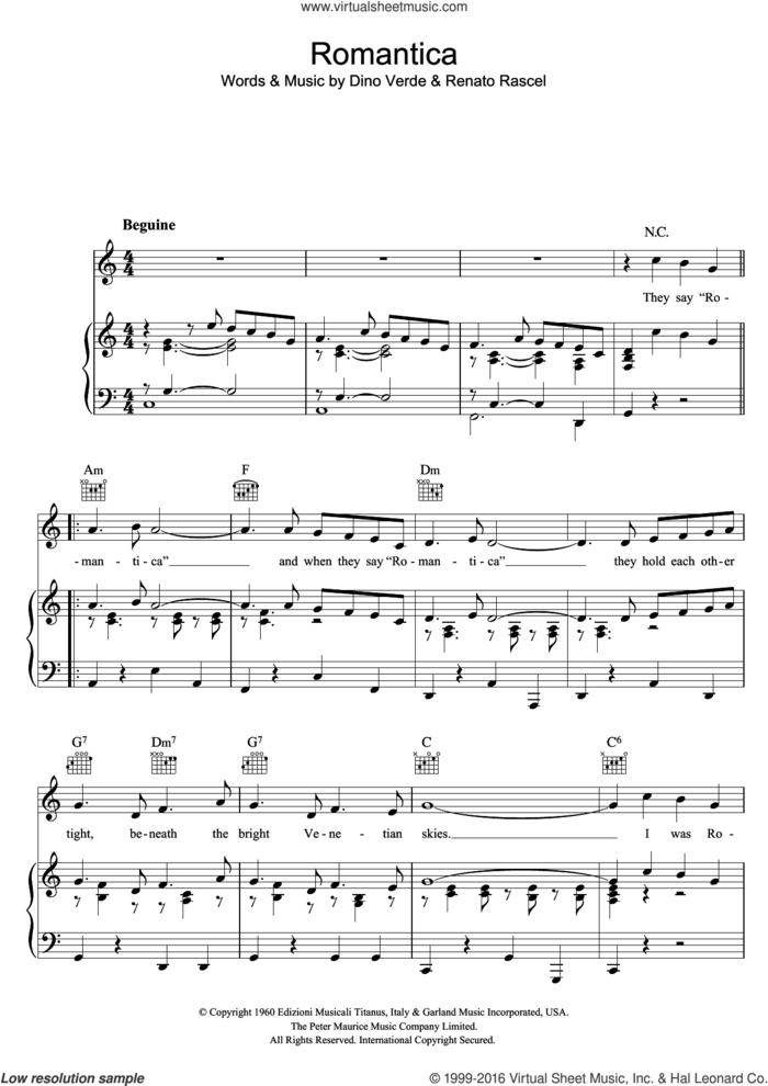 Romantica sheet music for voice, piano or guitar by Renato Rascel and Dino Verde, intermediate skill level