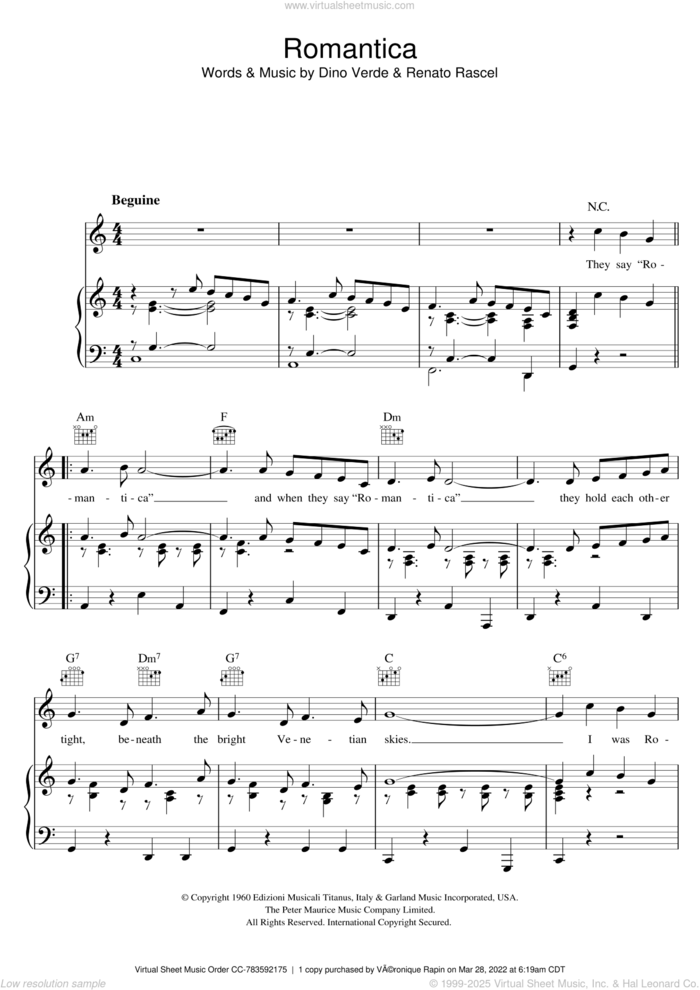 Romantica sheet music for voice, piano or guitar by Renato Rascel and Dino Verde, intermediate skill level