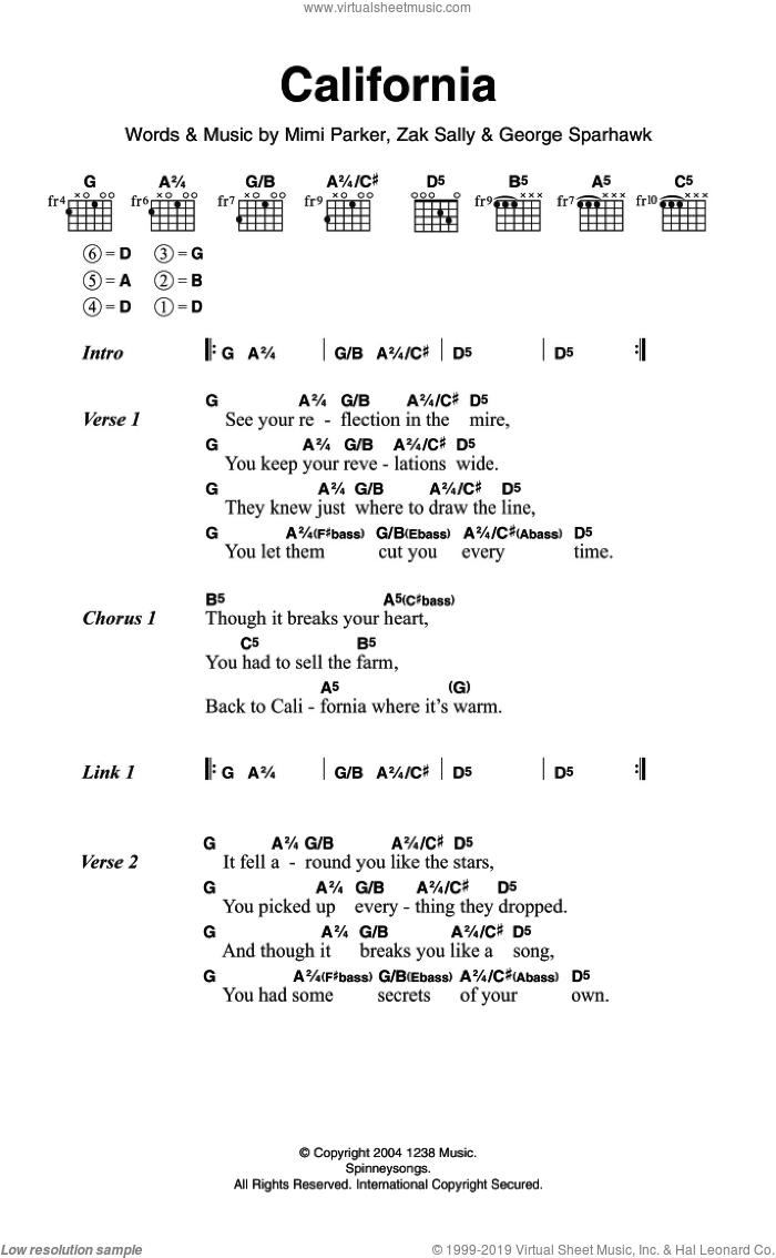 California sheet music for guitar (chords) by Low, George Sparhawk, Mimi Parker and Zak Sally, intermediate skill level
