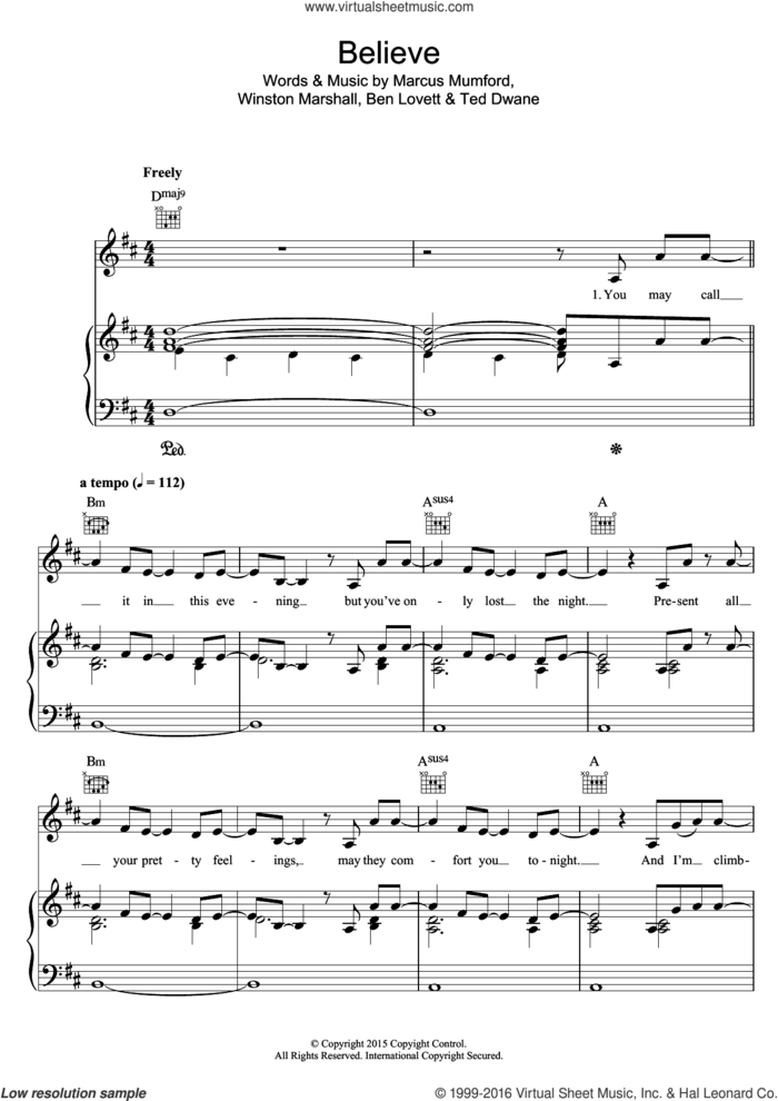Believe sheet music for voice, piano or guitar by Mumford & Sons, Ben Lovett, Marcus Mumford, Ted Dwane and Winston Marshall, intermediate skill level