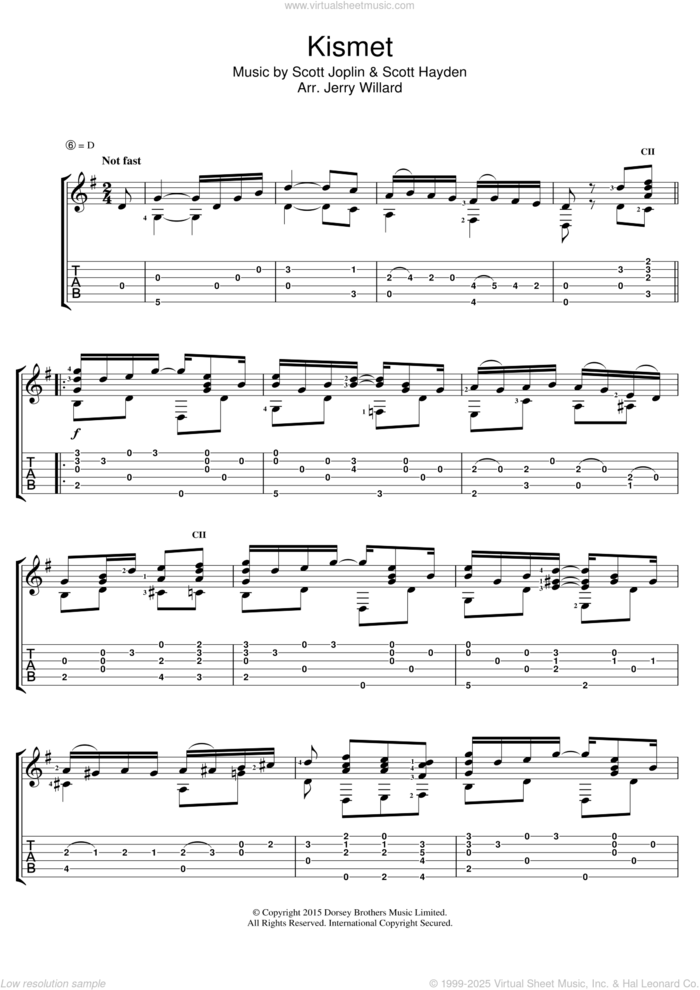 Kismet sheet music for guitar (tablature) by Scott Joplin, Jerry Willard and Scott Hayden, intermediate skill level