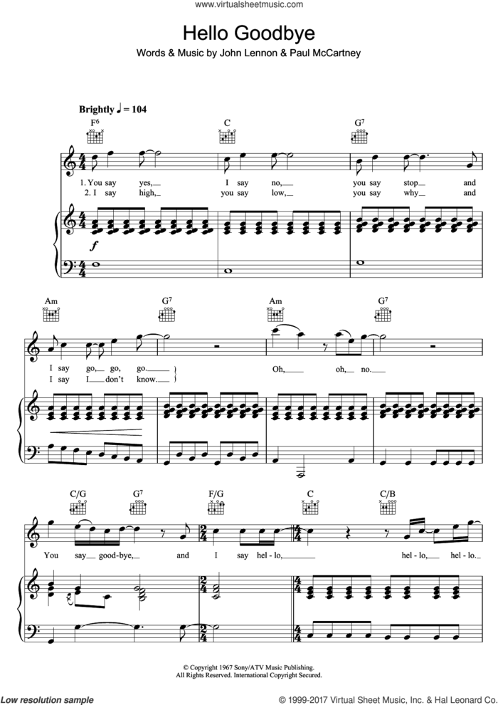Hello, Goodbye sheet music for voice, piano or guitar by The Beatles, John Lennon and Paul McCartney, intermediate skill level