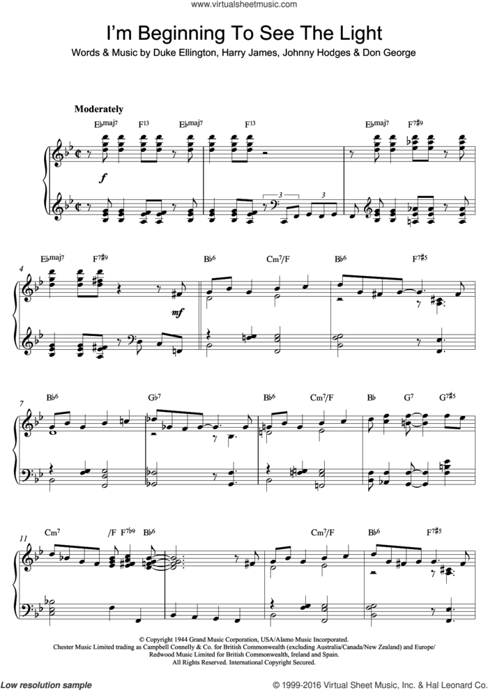 I'm Beginning To See The Light sheet music for piano solo by Duke Ellington, Clare Teal, Frank Sinatra, Don George, Harry James and Johnny Hodges, intermediate skill level