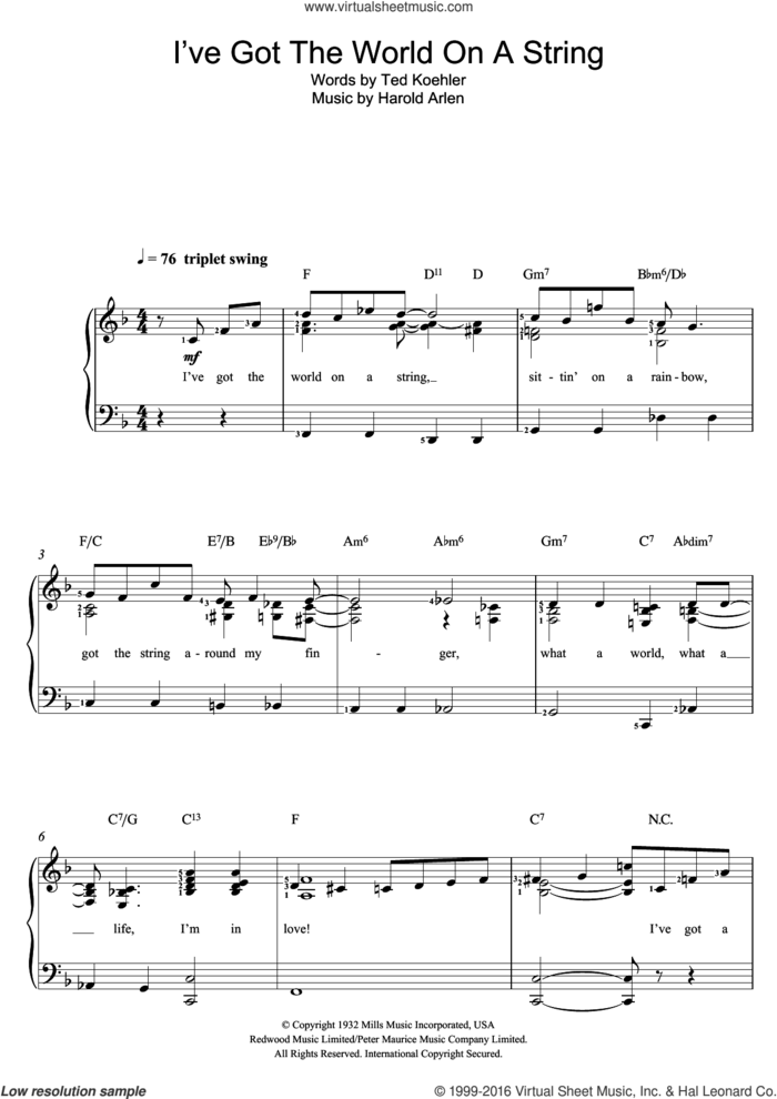 I've Got The World On A String sheet music for voice and piano by Bing Crosby, Harold Arlen and Ted Koehler, intermediate skill level