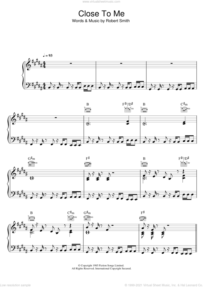 Close To Me sheet music for voice, piano or guitar by The Cure and Robert Smith, intermediate skill level