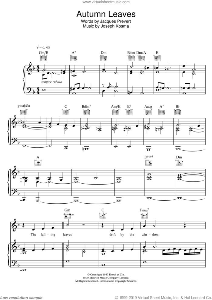 Autumn Leaves sheet music for voice, piano or guitar by Bob Dylan, Eva Cassidy, Jacques Prevert and Joseph Kosma, intermediate skill level