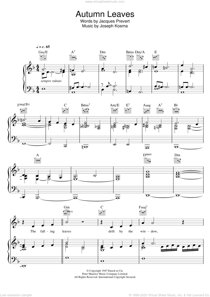 Autumn Leaves sheet music for voice, piano or guitar by Bob Dylan, Eva Cassidy, Jacques Prevert and Joseph Kosma, intermediate skill level