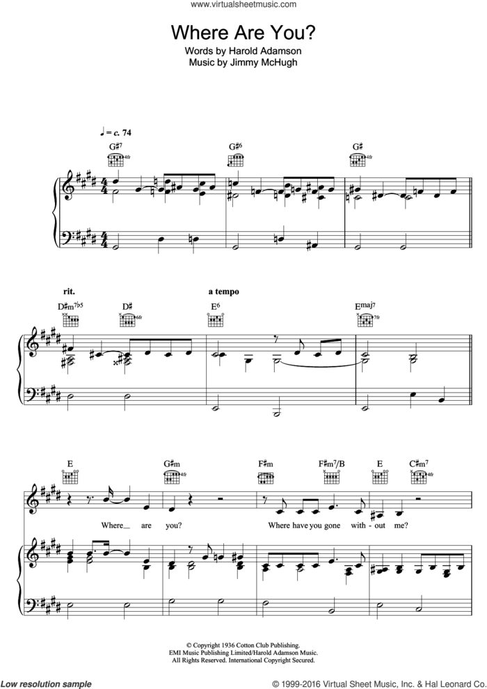 Where Are You? sheet music for voice, piano or guitar by Bob Dylan, Harold Adamson and Jimmy McHugh, intermediate skill level