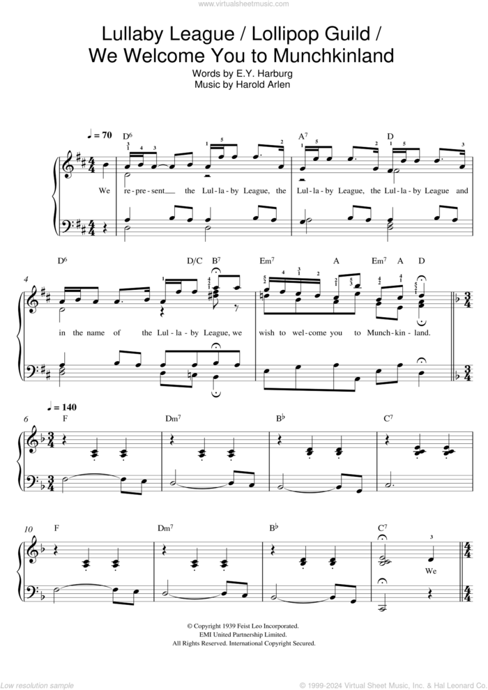 Lullaby League/Lollipop Guild/We Welcome You To Munchkinland (from 'The Wizard Of Oz') sheet music for piano solo by Harold Arlen and E.Y. Harburg, easy skill level