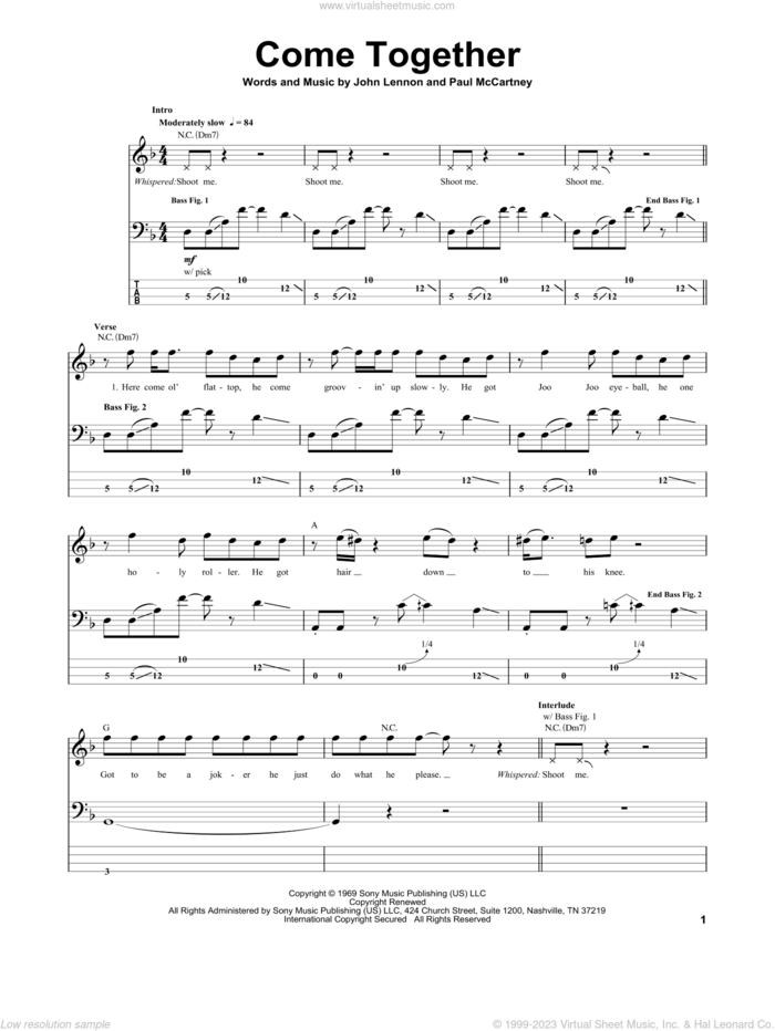 Come Together sheet music for bass (tablature) (bass guitar) by The Beatles, John Lennon and Paul McCartney, intermediate skill level