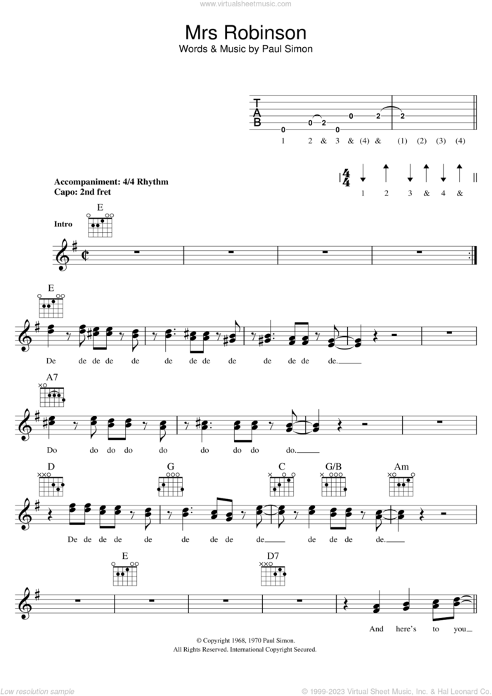 Mrs. Robinson sheet music for voice and other instruments (fake book) by Simon & Garfunkel and Paul Simon, intermediate skill level