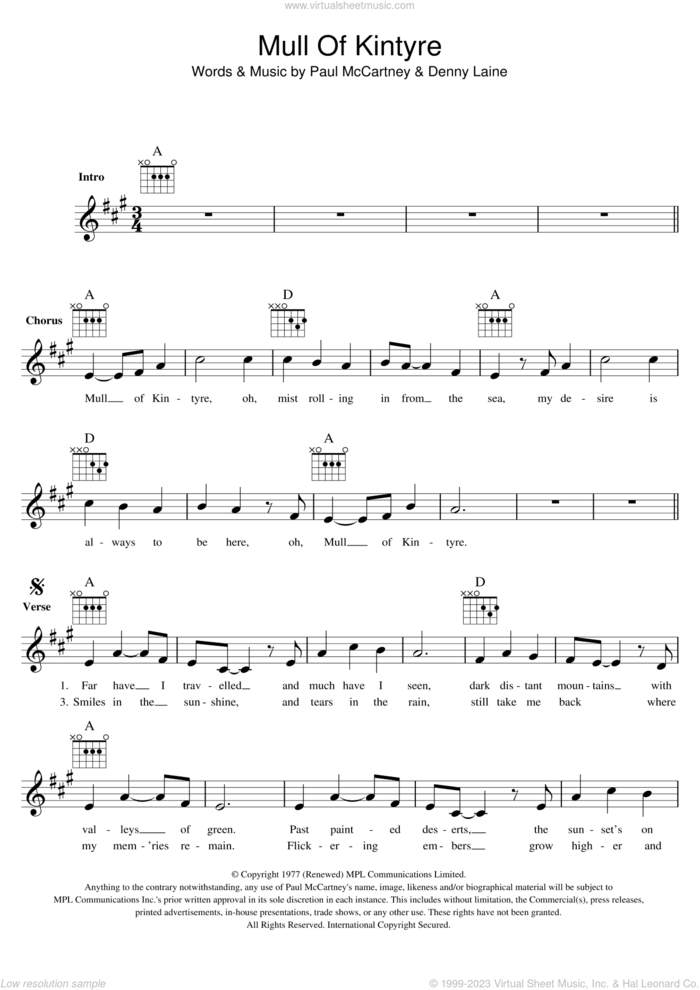 Mull Of Kintyre sheet music for voice and other instruments (fake book) by Paul McCartney, Paul McCartney and Wings, Wings and Denny Laine, intermediate skill level