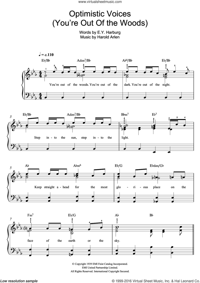 Optimistic Voices sheet music for piano solo by Harold Arlen and E.Y. Harburg, easy skill level