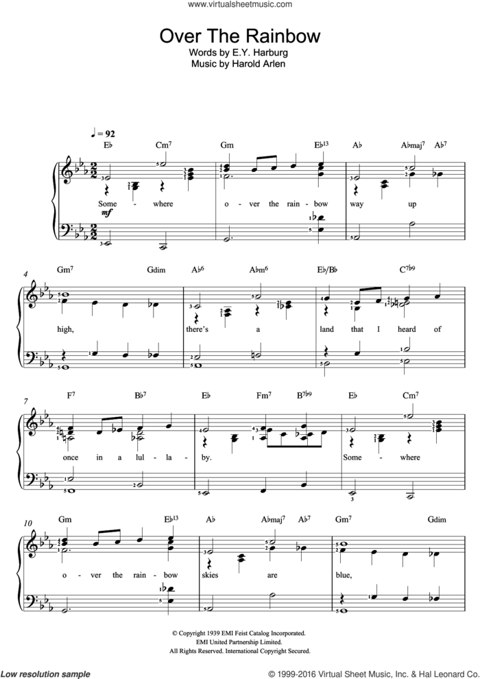 Over The Rainbow (from 'The Wizard Of Oz') sheet music for voice and piano by Judy Garland, Eva Cassidy, E.Y. Harburg and Harold Arlen, intermediate skill level