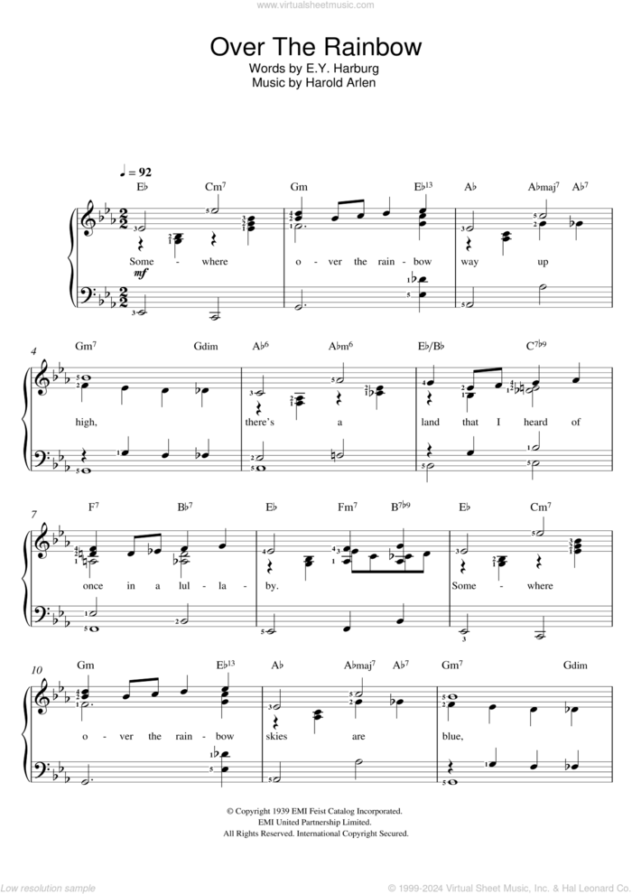 Over The Rainbow (from 'The Wizard Of Oz') sheet music for voice and piano by Judy Garland, Eva Cassidy, E.Y. Harburg and Harold Arlen, intermediate skill level