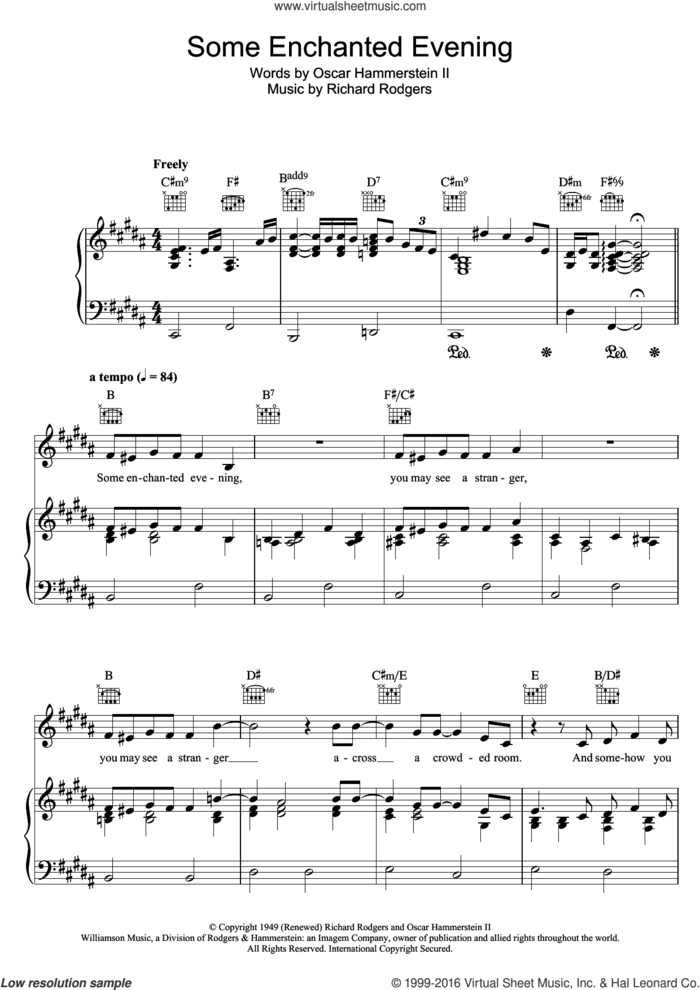 Some Enchanted Evening (from South Pacific) sheet music for voice, piano or guitar by Bob Dylan, Oscar II Hammerstein and Richard Rodgers, intermediate skill level