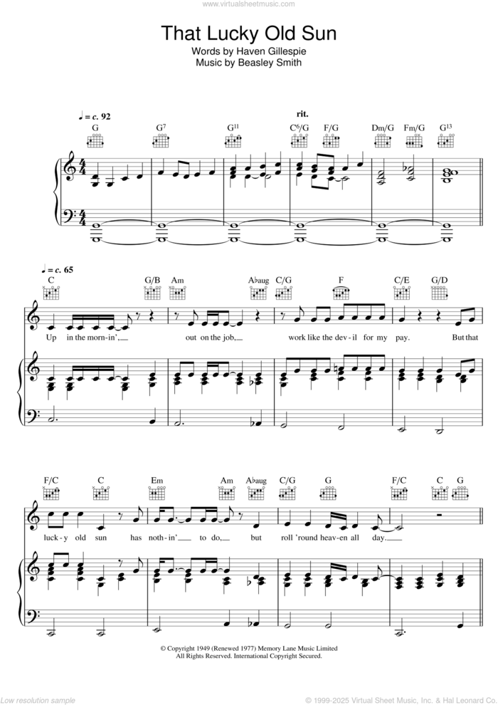 That Lucky Old Sun (Just Rolls Around Heaven All Day) sheet music for voice, piano or guitar by Bob Dylan, Beasley Smith and Haven Gillespie, intermediate skill level