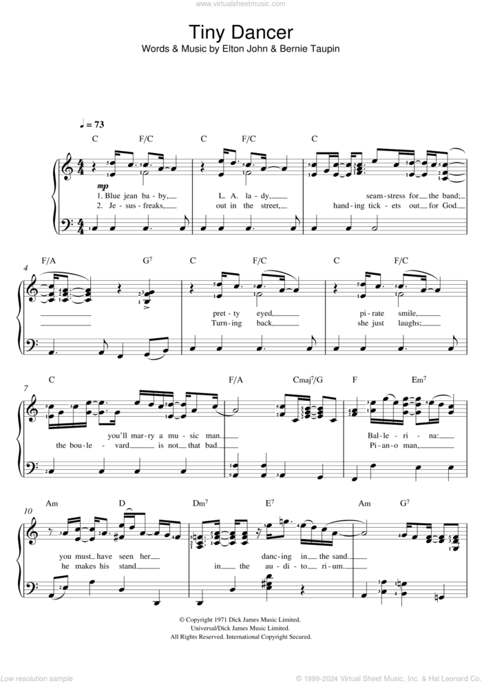 Tiny Dancer sheet music for voice and piano by Elton John and Bernie Taupin, intermediate skill level