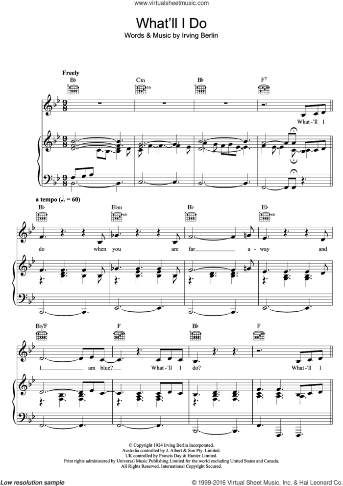 What'll I Do sheet music for voice, piano or guitar by Bob Dylan and Irving Berlin, intermediate skill level