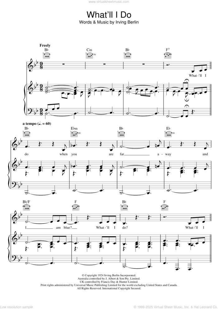 What'll I Do sheet music for voice, piano or guitar by Bob Dylan and Irving Berlin, intermediate skill level