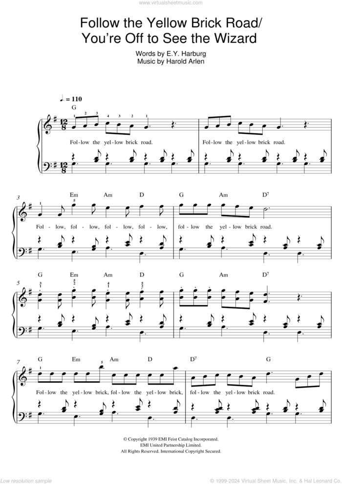 Follow The Yellow Brick Road sheet music for piano solo by Harold Arlen and E.Y. Harburg, easy skill level