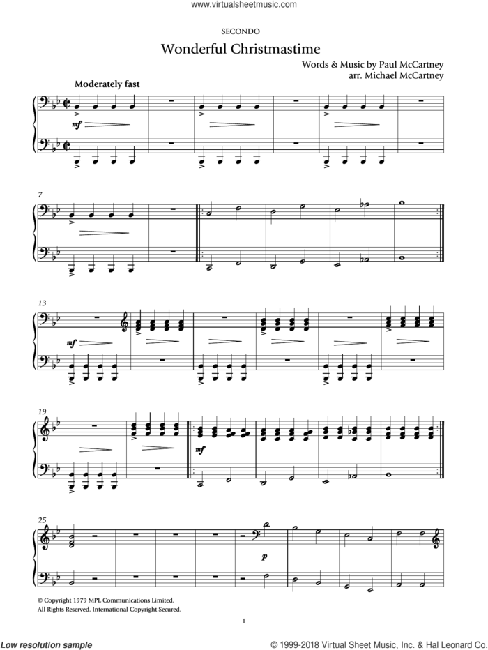 Wonderful Christmastime sheet music for piano four hands by Paul McCartney and Michael McCartney, intermediate skill level