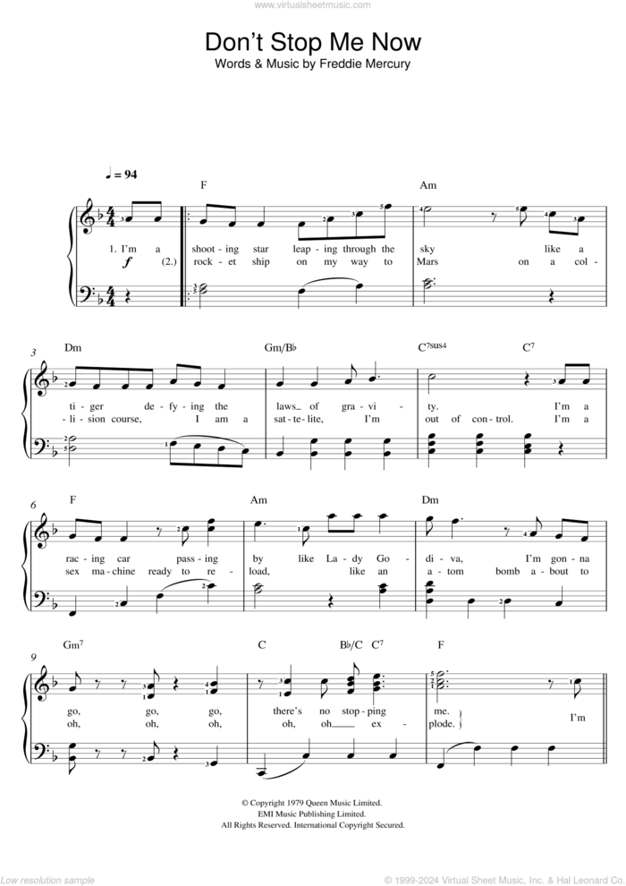 Don't Stop Me Now sheet music for voice and piano by Queen and Freddie Mercury, intermediate skill level