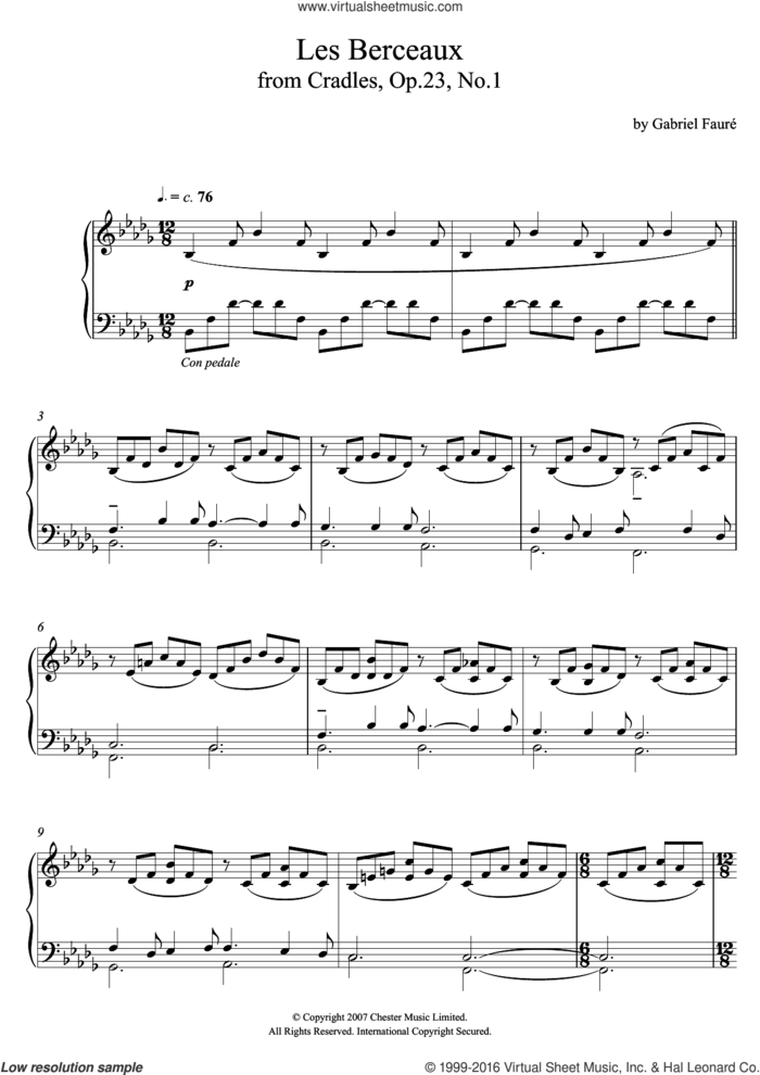 Les Berceaux (from Cradles, Op.23, No.1) sheet music for piano solo by Gabriel Faure, classical score, intermediate skill level