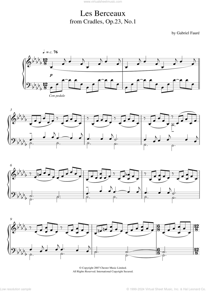 Les Berceaux (from Cradles, Op.23, No.1) sheet music for piano solo by Gabriel Faure, classical score, intermediate skill level