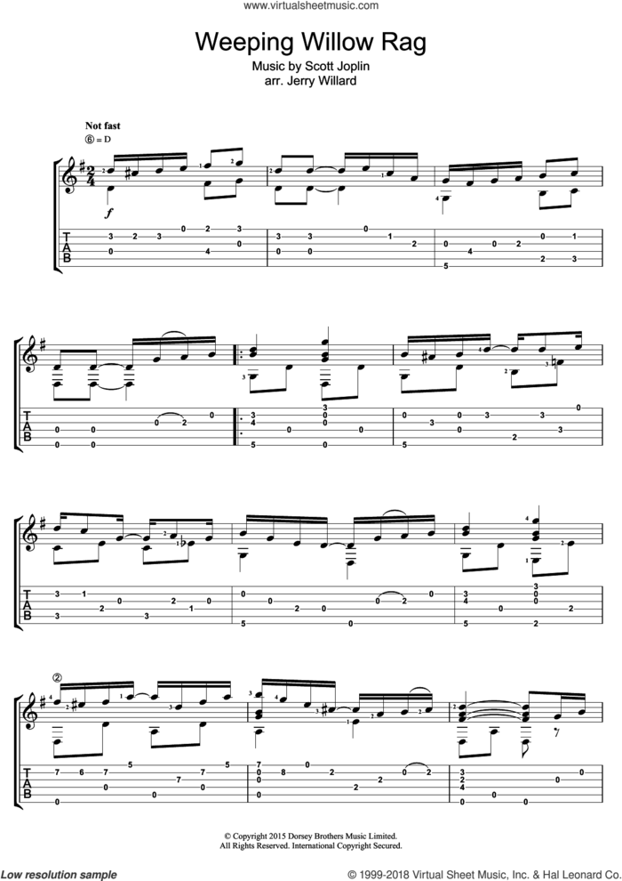 Weeping Willow Rag sheet music for guitar (tablature) by Scott Joplin and Jerry Willard, intermediate skill level