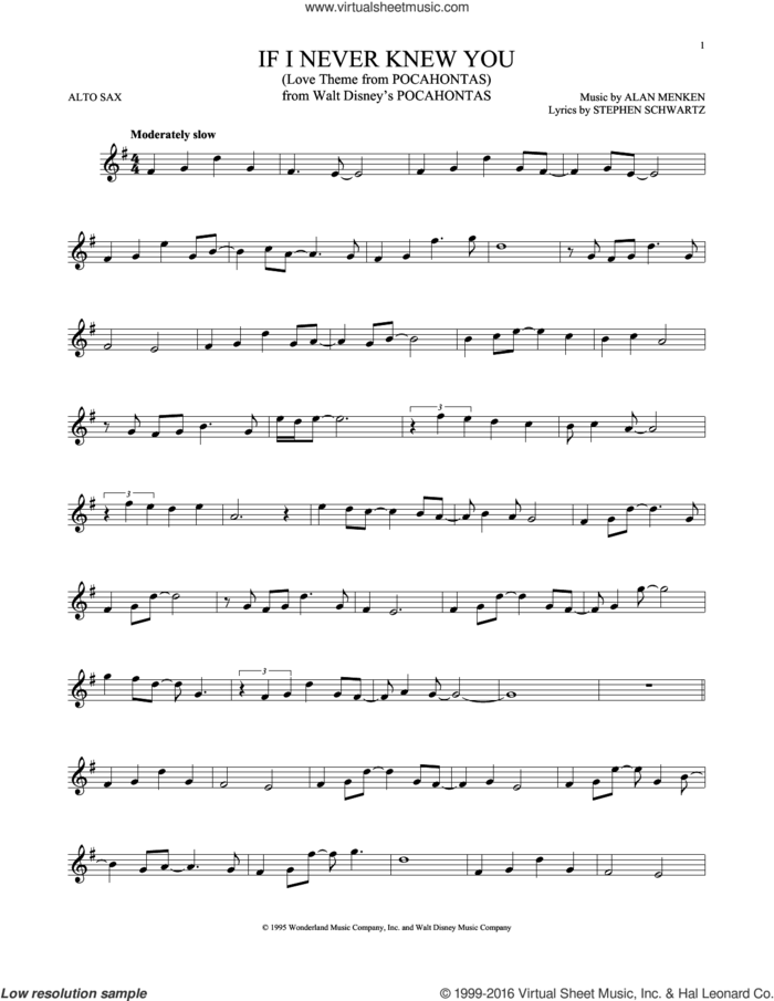 If I Never Knew You (End Title) (from Pocahontas) sheet music for alto saxophone solo by Jon Secada and Shanice, Alan Menken and Stephen Schwartz, intermediate skill level
