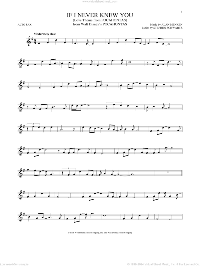 If I Never Knew You (End Title) (from Pocahontas) sheet music for alto saxophone solo by Jon Secada and Shanice, Alan Menken and Stephen Schwartz, intermediate skill level