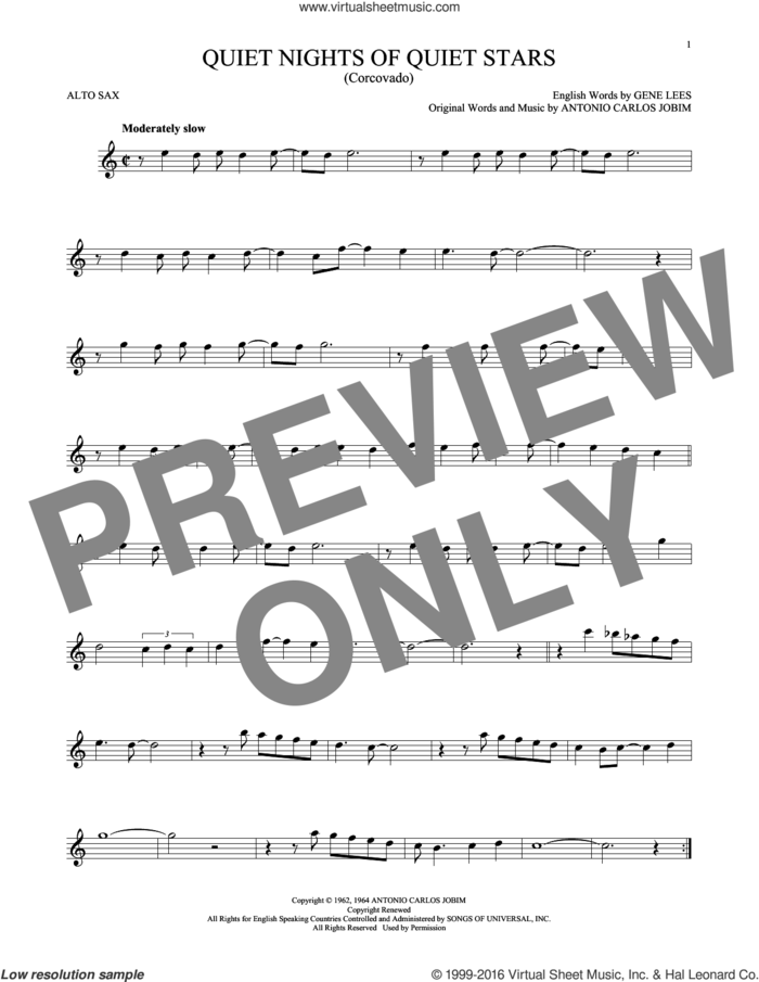 Quiet Nights Of Quiet Stars (Corcovado) sheet music for alto saxophone solo by Andy Williams, Antonio Carlos Jobim and Eugene John Lees, intermediate skill level