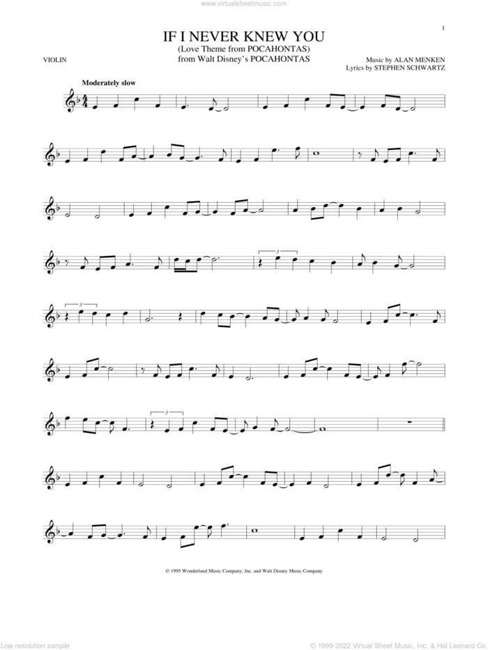 If I Never Knew You (End Title) (from Pocahontas) sheet music for violin solo by Jon Secada and Shanice, Alan Menken and Stephen Schwartz, intermediate skill level