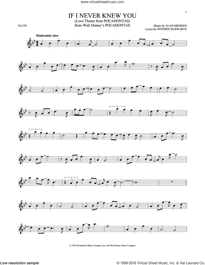 If I Never Knew You (End Title) (from Pocahontas) sheet music for flute solo by Jon Secada and Shanice, Alan Menken and Stephen Schwartz, intermediate skill level
