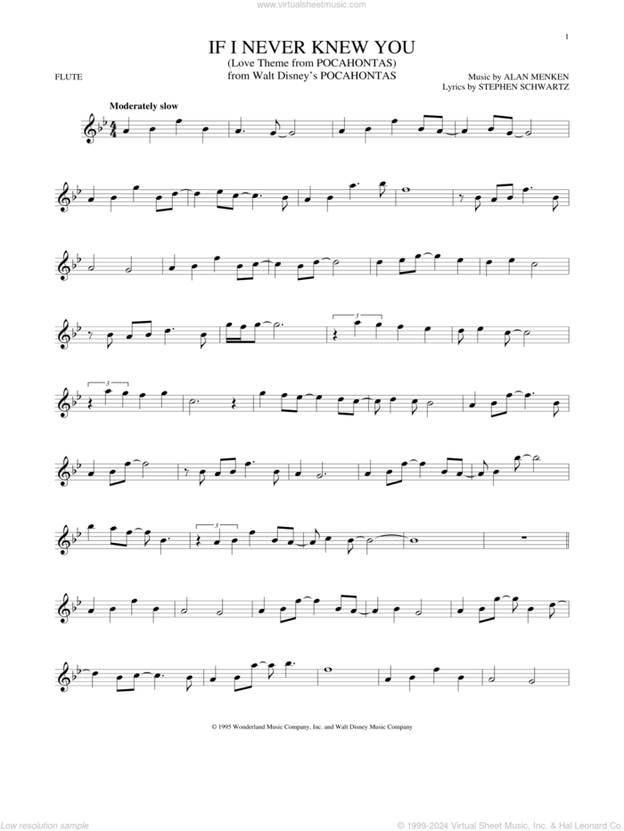 If I Never Knew You (End Title) (from Pocahontas) sheet music for flute solo by Jon Secada and Shanice, Alan Menken and Stephen Schwartz, intermediate skill level