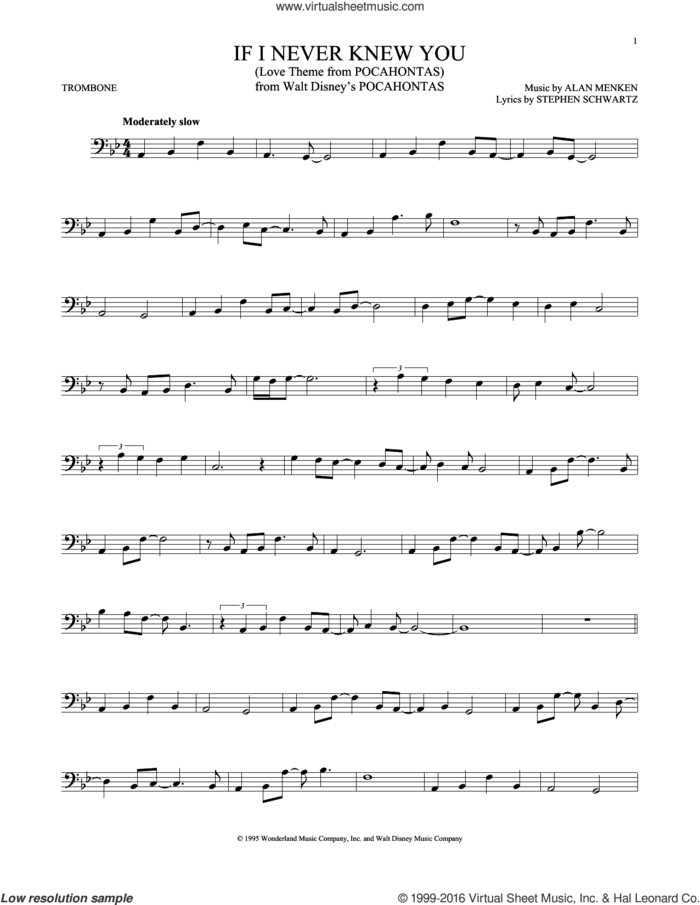 If I Never Knew You (End Title) (from Pocahontas) sheet music for trombone solo by Jon Secada and Shanice, Alan Menken and Stephen Schwartz, intermediate skill level