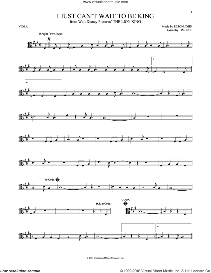 I Just Can't Wait To Be King (from The Lion King) sheet music for viola solo by Tim Rice and Elton John, intermediate skill level