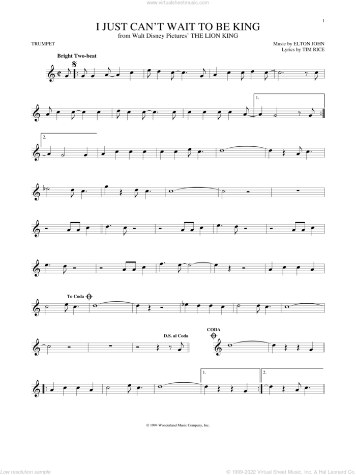 I Just Can't Wait To Be King (from The Lion King) sheet music for trumpet solo by Tim Rice and Elton John, intermediate skill level
