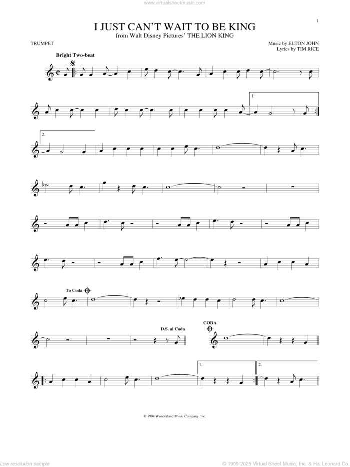 I Just Can't Wait To Be King (from The Lion King) sheet music for trumpet solo by Tim Rice and Elton John, intermediate skill level