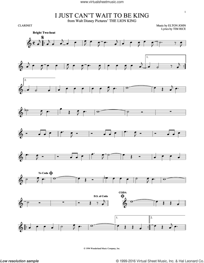 I Just Can't Wait To Be King (from The Lion King) sheet music for clarinet solo by Tim Rice and Elton John, intermediate skill level