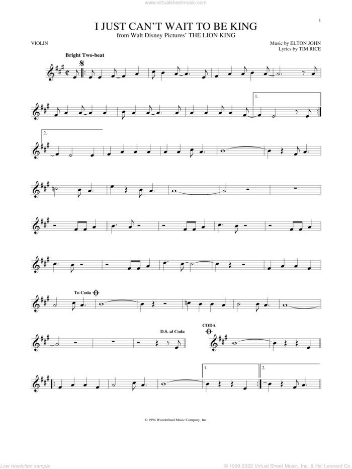 I Just Can't Wait To Be King (from The Lion King) sheet music for violin solo by Tim Rice and Elton John, intermediate skill level